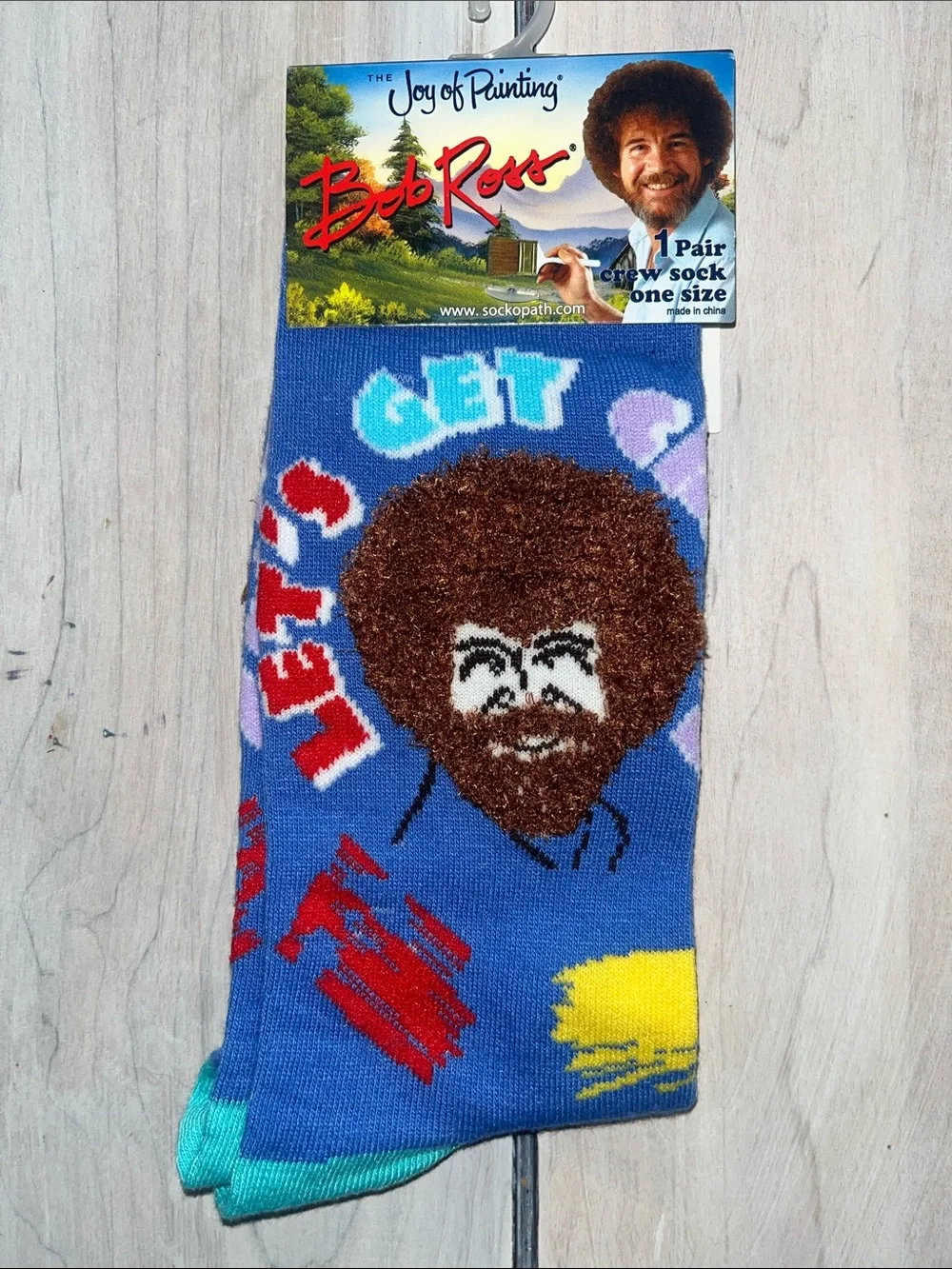 Bob Ross Novelty Men's Crew Socks with Fuzzy Hair Face Design - pick one